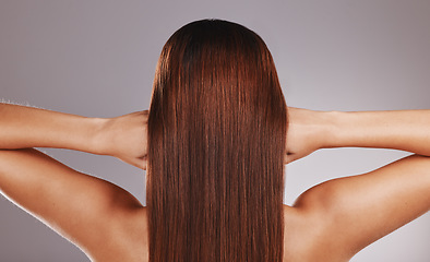 Image showing Hair care, salon and back of a brunette woman isolated on a grey studio background. Shampoo, cosmetics and model with shine from smooth, healthy and clean luxury keratin hairstyle on a backdrop