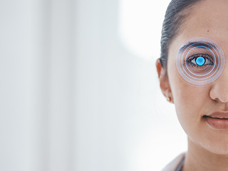 Image showing Cybersecurity, eye scan and portrait of a woman at work for facial recognition and identity. Digital, mockup and face of an employee with a retina check for corporate protection and verification