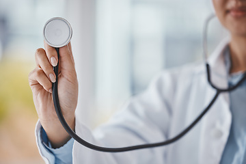 Image showing Stethoscope, hands and doctor listen to heartbeat in hospital, asthma medicine and trust. Closeup of healthcare worker, breathing equipment and cardiology for lungs test, medical help or tuberculosis