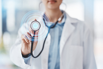 Image showing Stethoscope, digital heartbeat and doctor in hospital, woman hands and expert asthma consulting. Healthcare worker, cardiology and graphic pulse for breathing, lungs test or tuberculosis medical help