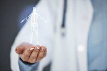 Image showing 3d skeleton hologram, hands or doctor on AI overlay in office for futuristic, innovation or abstract information technology. Surgery, UX or healthcare nurse on medical, digital or human body diagram