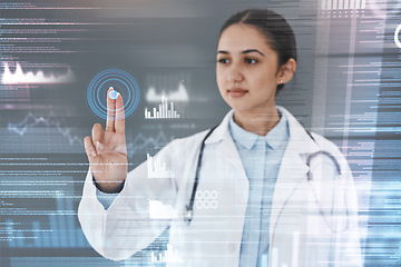 Image showing Cybersecurity, futuristic hologram and doctor hand for password, fingerprint scan and medical database. Healthcare, digital clinic and woman with finger for user interface, software and telehealth