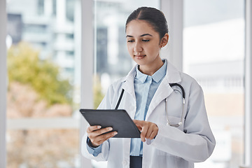 Image showing Healthcare, research and doctor on tablet for medical report, test results and online consultation. Insurance, technology and woman health worker with digital tech for patient telehealth in hospital