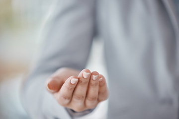 Image showing Product placement, marketing and hand of an employee for branding, advertising and promotion. Showing, working and zoom of the palm of a business woman to advertise a service from a corporate company