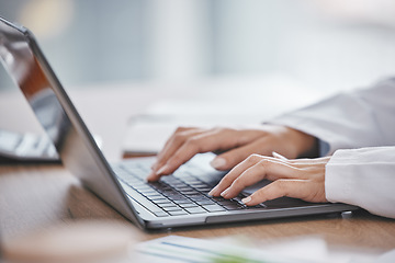 Image showing Laptop, hands or business woman typing for investment schedule, calendar or stock market trading management. Zoom, finance worker or person on networking technology budget planning or cryptocurrency