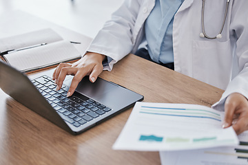 Image showing Hands, doctor on laptop or woman reading online medical research data, email or healthcare medicine report. Science, documents or paper on tech for hospital schedule, surgery agenda or compliance