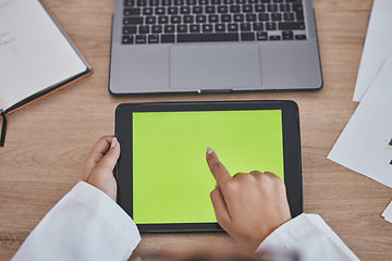 Image showing Green screen, data analysis or doctors hands on tablet for medical research, medicine or healthcare analytics review. Nurse, wellness or worker on tech app for insurance news or science mockup space