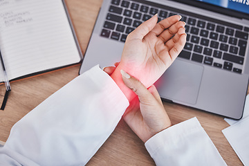 Image showing Hands, woman and wrist with joint pain, laptop at desk from typing in office for public relations manager. PR expert, computer and burnout with red overlay for arthritis, carpal tunnel and planning