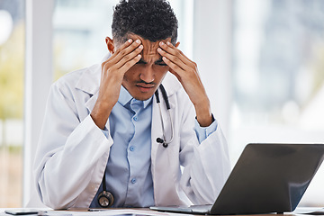 Image showing Burnout, stress or man doctor on laptop with headache from depression, mental health or anxiety medical review. Tired, mental health or sad nurse frustrated, angry or depressed from medicine report