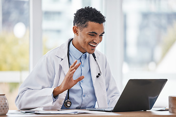 Image showing Wave, laptop or black man doctor on video call for online meeting, virtual assistance or medical consulting. Happy, medicine or healthcare nurse on tech webinar for hello, support or wellness help