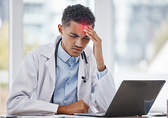 Image showing Headache, burnout or doctor man on laptop with stress from depression, mental health or anxiety medical feedback. Tired, mental health or sad nurse frustrated, depressed or pain from medicine report