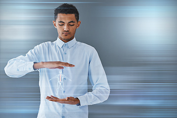 Image showing Doctor, body hologram and medical ai graphic with an Indian man holding futuristic hospital data. Mock up, healthcare worker and professional wellness consultant with digital anatomy information