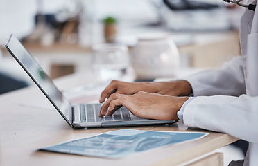 Image showing Medical, data analysis report or doctors hands on laptop with documents, research or surgery review. Medicine paper, study or nurse on tech for healthcare learning, wellness science or idea search