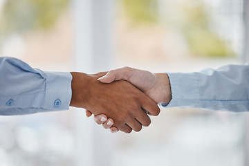 Image showing B2B partnership meeting or business people handshake for welcome, collaboration or company teamwork. Diversity, networking or shaking hands for success deal, thank you or corporate support and trust