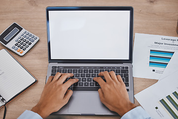 Image showing Medical, mockup or doctors hands on laptop with documents typing, data analysis or research. Medicine paper, chart study or nurse on tech for healthcare learning, wellness science or calendar review