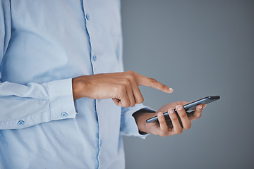 Image showing Mockup, phone or financial advisor black man hands for finance, investment review or planning company budget. Search, typing or employee on smartphone for trading, crypto app or stock market growth