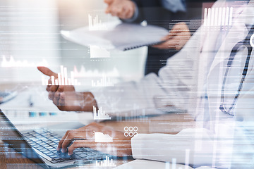 Image showing Teamwork, research overlay or doctors on laptop for medical review, data analysis or analytics feedback in hospital. Futuristic, paper or healthcare worker on tech for planning medicine strategy idea
