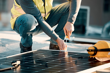 Image showing Solar panel, screwdriver and industrial worker hands with tools for renewable energy and electricity. Community innovation, roof work and engineering install a eco friendly and sustainability product