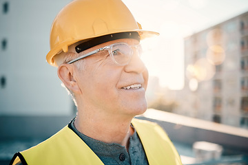 Image showing Building, construction and senior man with vision, ideas and thinking of architecture design in city. Engineering, development and face of handyman, maintenance worker and contractor planning goals