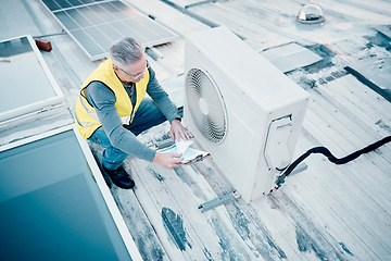 Image showing Air conditioning, roof and engineering man for maintenance, inspection and solar panel in sustainability. Technician planning energy saving power, aircon installation and generator electrician check