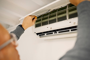 Image showing Solar panels, construction and man doing installation of a grid for renewable energy and electricity. Building, house and handyman fitting a photovoltaic light into a room of a home for power