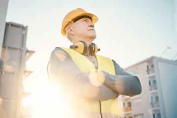 Image showing Construction worker, senior man and architecture, leadership mindset with contractor outdoor in city. Renovation, building industry and builder thinking with urban job site and property development