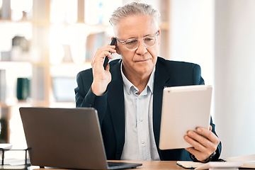 Image showing Tablet, phone call and business man in financial accounting, investment planning and online communication in office. Investor, broker or executive person with multimedia technology in advisory career