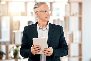 Image showing Thinking, tablet and senior man in office for business management, email or financial planning an investment. Investor, broker or executive person for company mindset, mission or career strategy