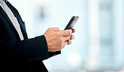 Image showing Businessman, phone and hands typing in networking, communication or social media for corporate idea on mockup. Hand of male manager or CEO texting on smartphone app for chatting, browsing or search
