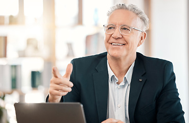 Image showing Senior, business man and pointing with laptop in office while working on project online. Computer, planning and happy elderly entrepreneur point while typing, writing or sales research in workplace.