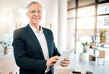 Image showing Portrait, tablet and senior man in office for business management, email or financial planning an investment. Investor, broker or executive person for company values, mission and online data strategy