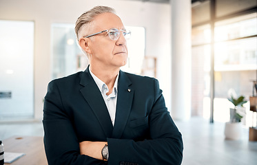 Image showing Senior businessman, thinking and vision with arms crossed for corporate idea, strategy or project plan at the office. Elderly male manager or CEO contemplating company finance, mindset or mission