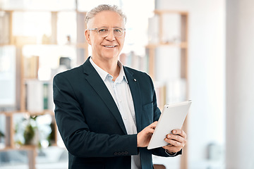 Image showing Portrait, tablet and senior business man in office management, accounting or financial planning investment. Investor, broker or executive person for company values, mission and online finance vision
