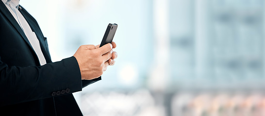 Image showing Businessman, phone and hands typing in communication, social media or chatting for corporate idea on mockup. Hand of male manager or CEO texting on smartphone for networking, browsing or conversation