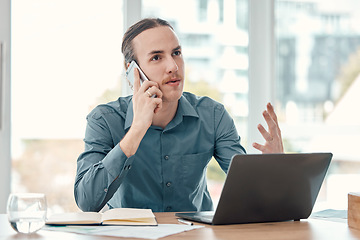 Image showing Business, phone call and man with laptop, planning and leader with ideas, schedule and deadline. Corporate, male employee or happy manager with smartphone, new project proposal or online sales growth