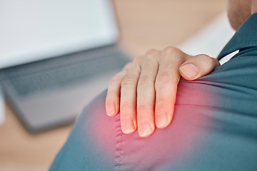 Image showing Hand, shoulder pain and closeup with a business man holding his joint while suffering from injury at work. Medical, anatomy or posture and a male employee stuggling with a problem in red highlight