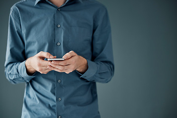 Image showing Man hands, phone app and mobile networking of a businessman in a office on web. Online communication, text writing and technology of a social media writer employee with mock up and blurred background