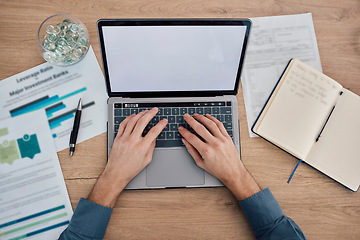 Image showing Hands, laptop and green screen on mockup above for advertising, marketing or analytics at office desk. Hand of business person working on computer with mock up display for advertisement or online app