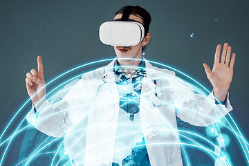 Image showing Doctor, vr and 3D hologram for global healthcare, digital help or life insurance against gray studio background. Man medical expert in virtual reality for futuristic development, globe or innovation