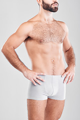 Image showing Body, underwear and model with a man in studio on a gray background for health, fitness or wellness. Exercise, stomach and underpants with a male posing in studio to promote a healthy lifestyle