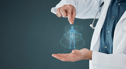 Image showing Healthcare, body and doctor hands with a hologram for anatomy, science and human analysis. Digital, research and medical worker with a holographic person for biotechnology on a mockup background