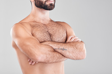 Image showing Man, fitness body and arms crossed in studio isolated on a gray background. Sports health, training and bodybuilder with strong muscles after exercise, workout or bodybuilding for strength and power.