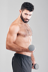 Image showing Man, fitness and exercise with dumbbells in studio isolated on a gray background. Sports thinking, training and male bodybuilder with strong muscles weight lifting, workout or bodybuilding for power.