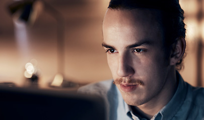 Image showing Computer, night research or programmer man for cybersecurity, app coding or data analysis in office. Hacker, developer or employee on tech for software code, programming or startup analytics review
