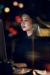 Image showing Woman, night office and working at computer for seo planning, pc research or business in dark. Female worker, desktop technology and overtime with online network, data analytics and internet website