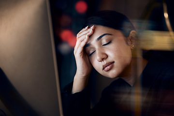 Image showing Stress, headache and tired business woman at night working on project, report and strategy deadline. Burnout, overlay and female worker on computer in dark office frustrated, fatigue and depressed