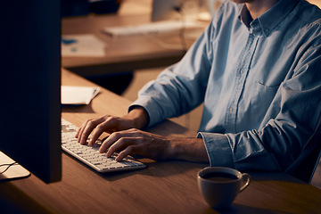 Image showing Hands, businessman and computer typing at night for planning, data analysis and internet. Closeup of keyboard, desktop technology and worker at table in dark office for seo research, website or email