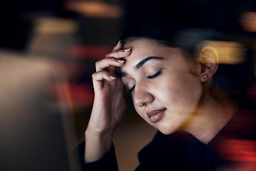 Image showing Burnout, stress and business woman at night working on computer for project, report and strategy deadline. Headache, mental health and female worker in dark office frustrated, tired and overworked