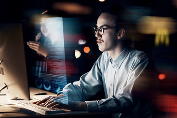 Image showing Programming, coding and website with man at computer for software, cyber and digital transformation at night. Data analytics, developer and future with employee for media, database and 3d matrix