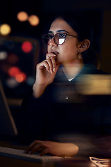 Image showing Woman, night office and thinking at computer for seo planning, pc research or ideas in dark. Female worker, desktop technology and overtime with online network, data solution and internet strategy